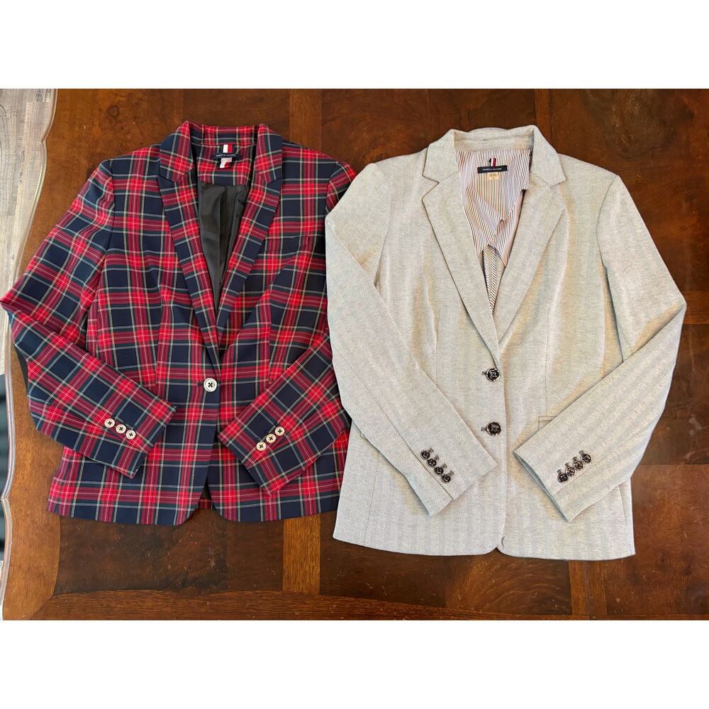 Set of 2 Tommy Hilfiger Blazer Suit Jacket 10 Cream Herringbone & Red Navy Plaid